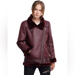 Burgundy Women's Aviator Jacket with Faux Fur